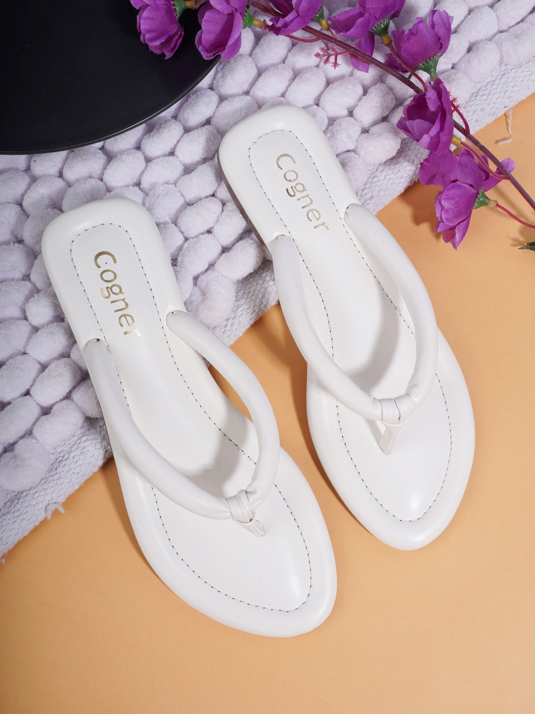 

Cogner Women White Open Toe Flats with Bows