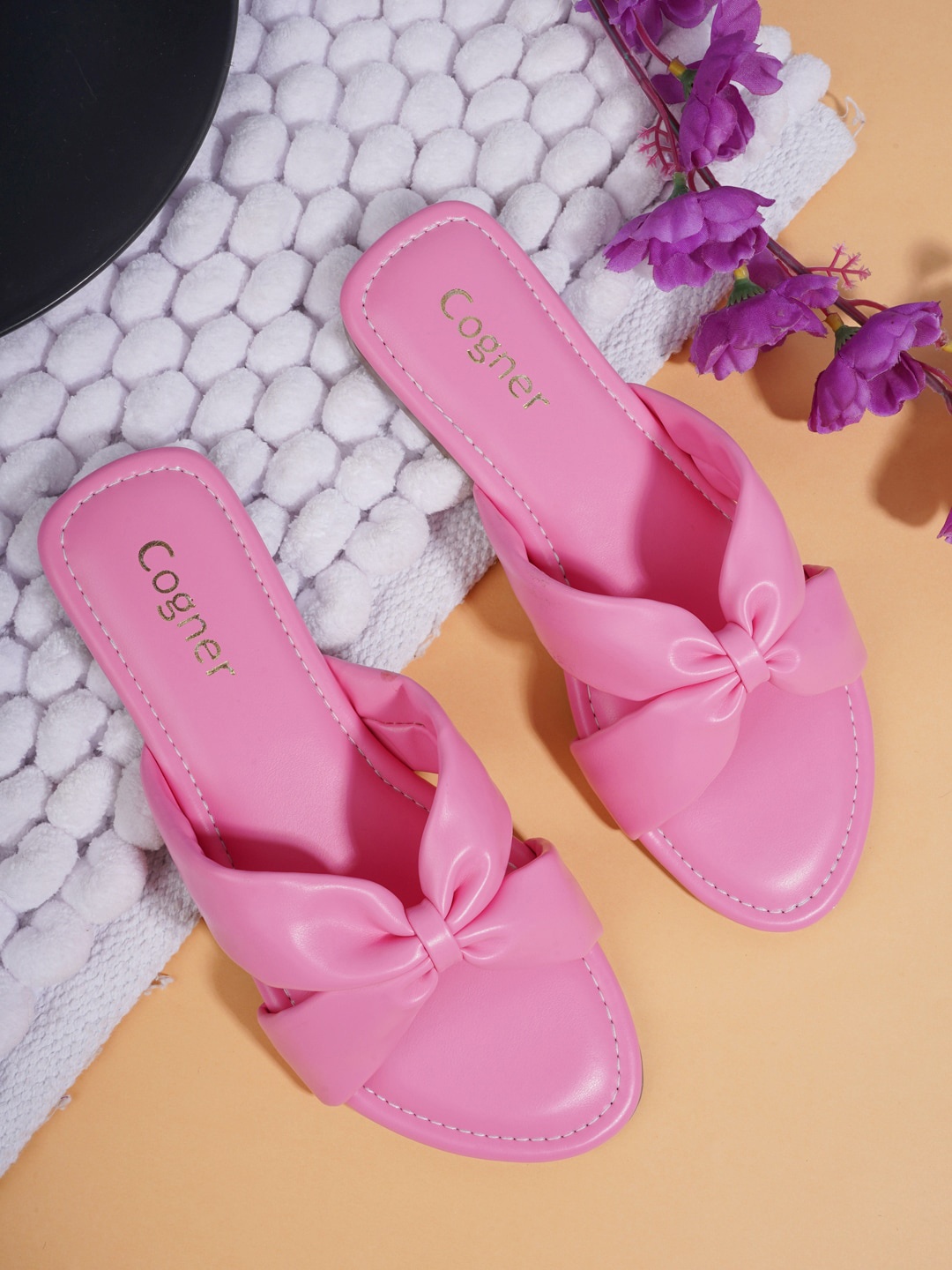

Cogner Women Pink Printed Open Toe Flats with Bows