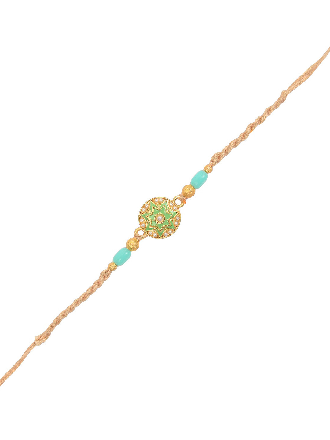 

Arendelle Men Gold-Plated Green Textured Chakra Rakhi