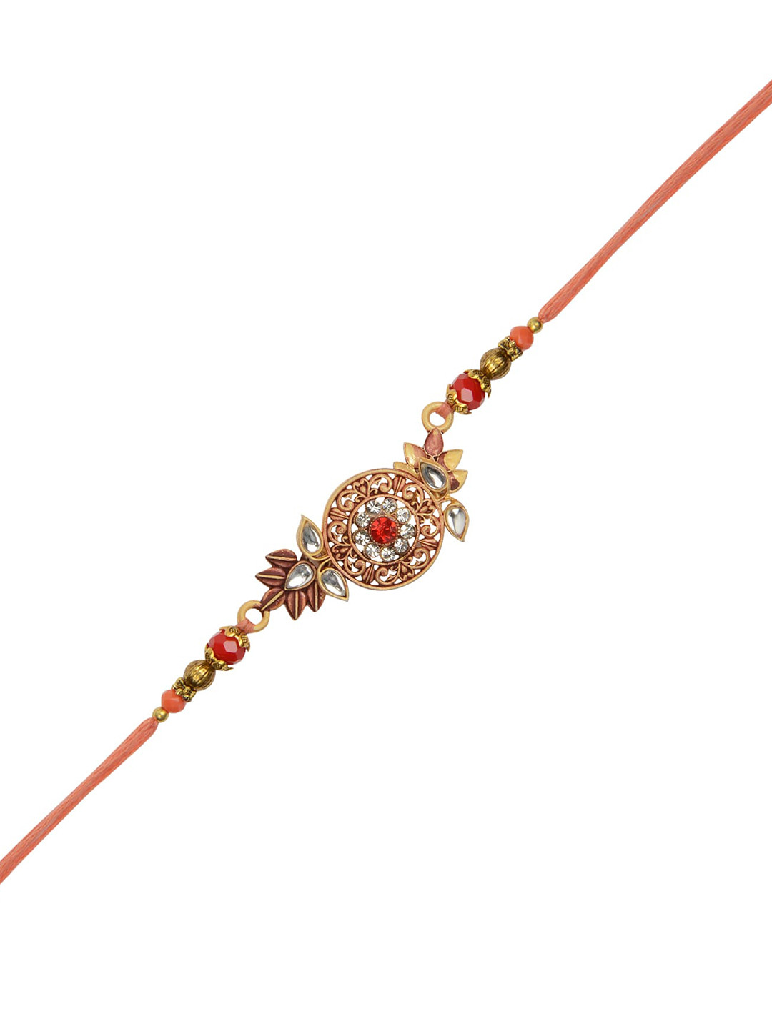 

Arendelle Men Gold-Plated Red Stone & Kundan-Studded Chakra Rakhi