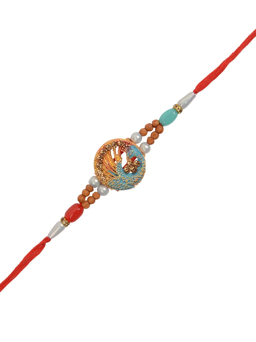 

Arendelle Men Blue & Gold Round Peacock Pendant & beaded Rakhi