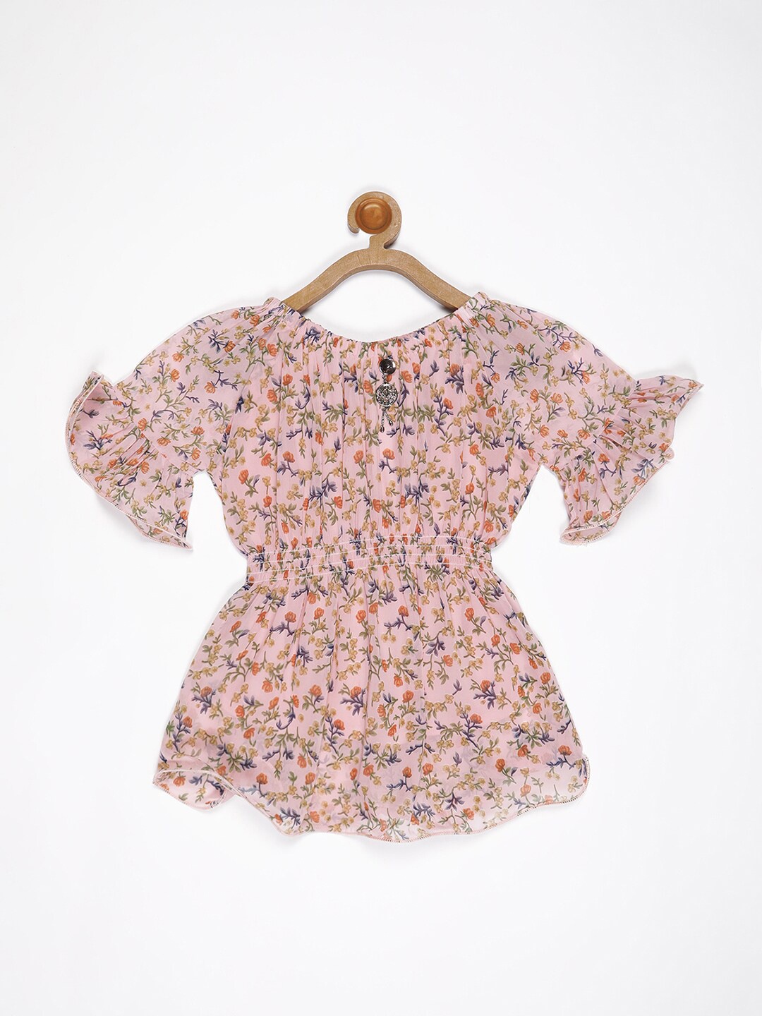 

V2 Value & Variety Peach-Coloured & silver pink Floral Print Cinched Waist Top