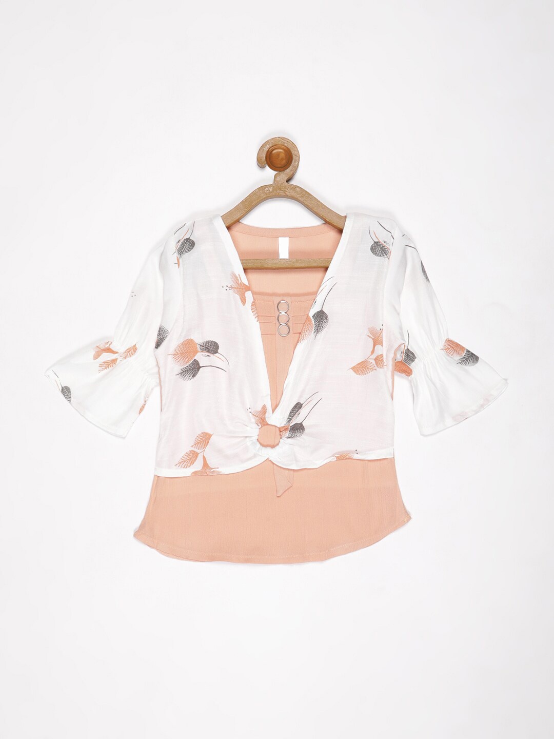 

V2 Value & Variety Peach-Coloured & White Floral Print Bell Sleeves Top