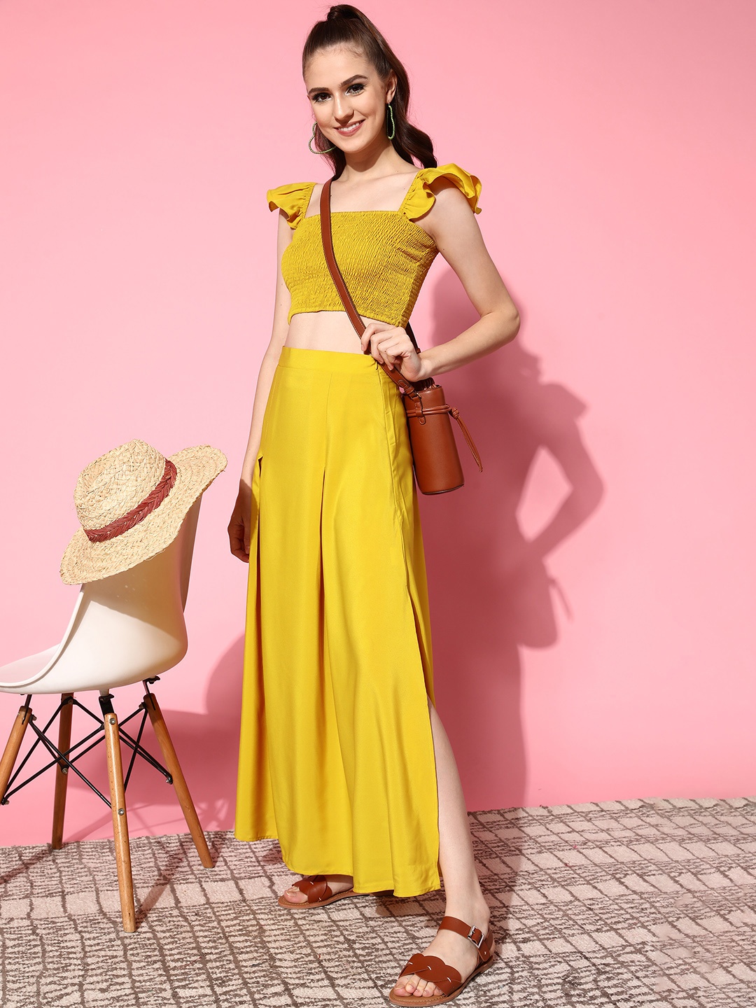 

Berrylush Women Gorgeous Yellow Self-Design Top with Solid Skirt