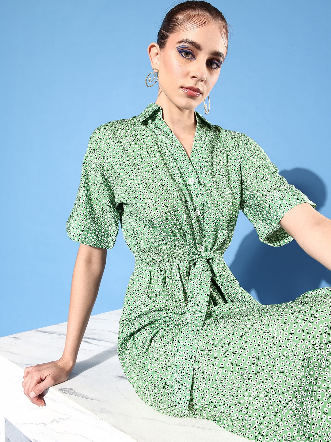 

Style Quotient Green & White Floral Print Crepe Shirt Midi Dress