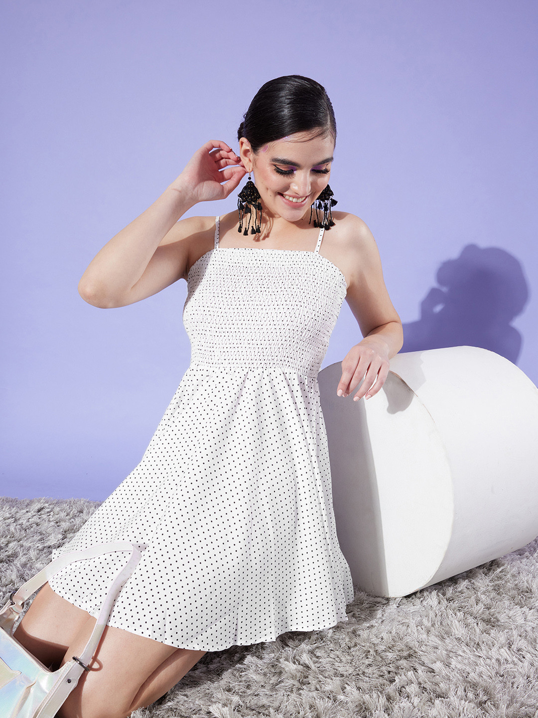 

Style Quotient White & Black Polka Dots Print Smocked Dress