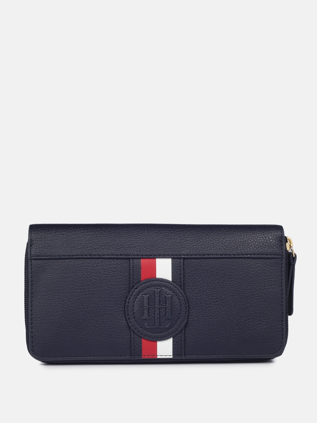 

Tommy Hilfiger Women Navy Blue Striped Logo Applique PU Zip Around Wallet