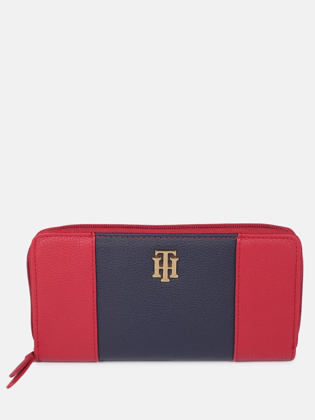 

Tommy Hilfiger Women Navy Blue & Red Textured Colourblocked PU Zip Around Wallet