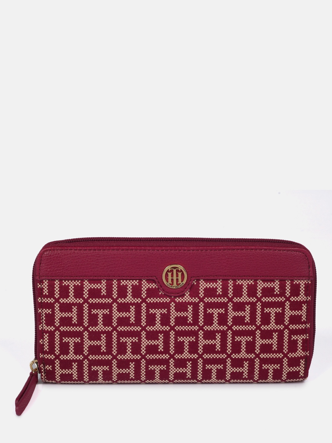 

Tommy Hilfiger Women Maroon Self Design Logo Zip Around Wallet