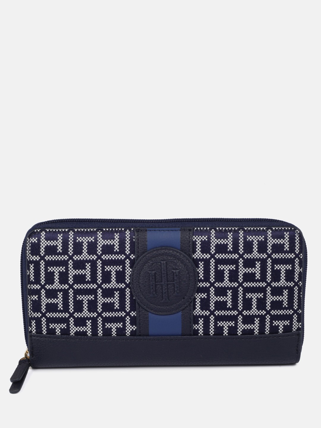 

Tommy Hilfiger Women Navy Blue Brand Logo Self Design Applique Zip Around Wallet