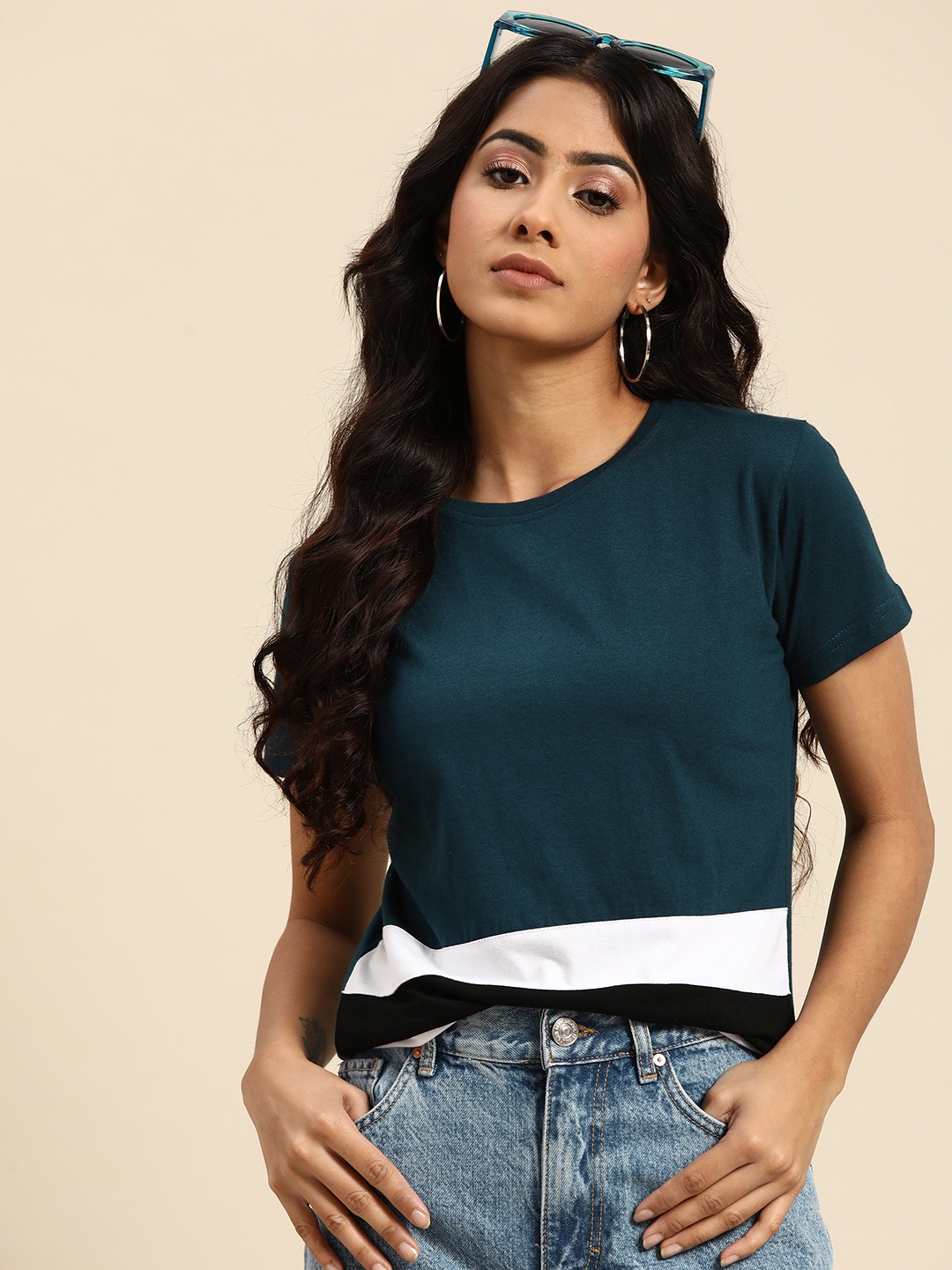

HILL STREET Women Teal Blue & White Striped T-shirt