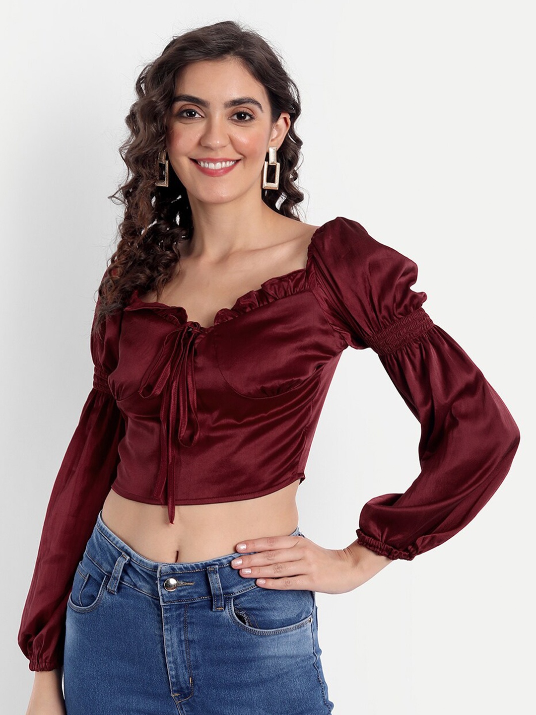 

Emprall Maroon Sweetheart Neck Satin Crop Top