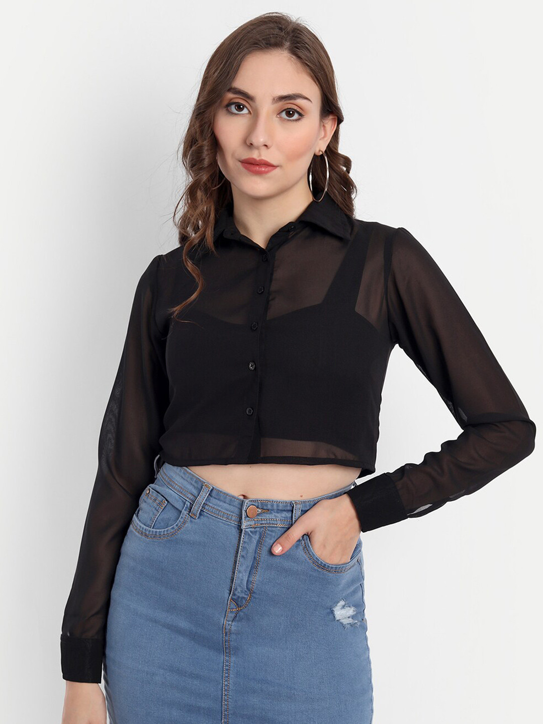 

Emprall Black Net Shirt Style Top