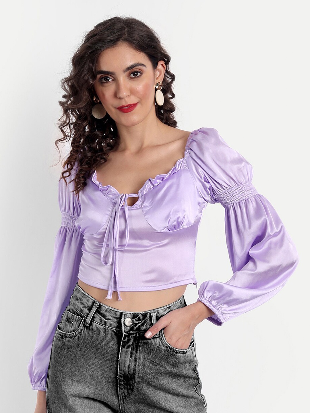 

Emprall Lavender Sweetheart Neck Puff Sleeve Tie-Up Satin Crop Top