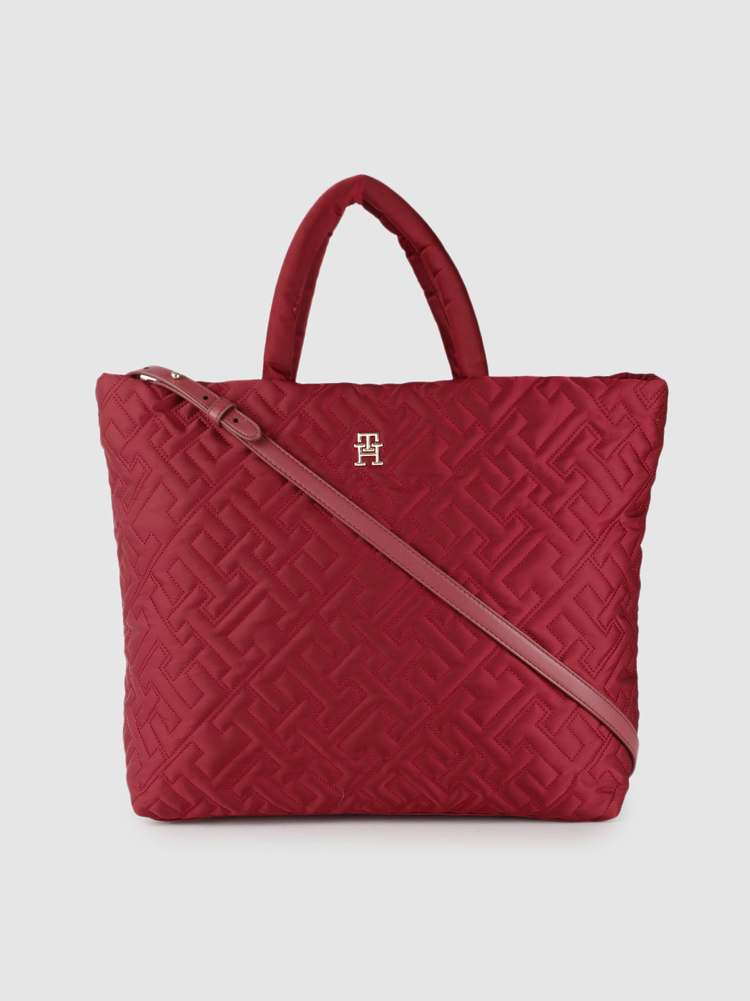 

Tommy Hilfiger Red Brand Logo Self Design Oversized Structured Handheld Bag with Quilted