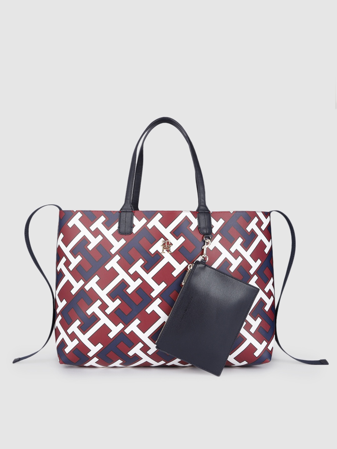 

Tommy Hilfiger Maroon & White Brand Logo Print Oversized Shopper Tote Bag with Pouch
