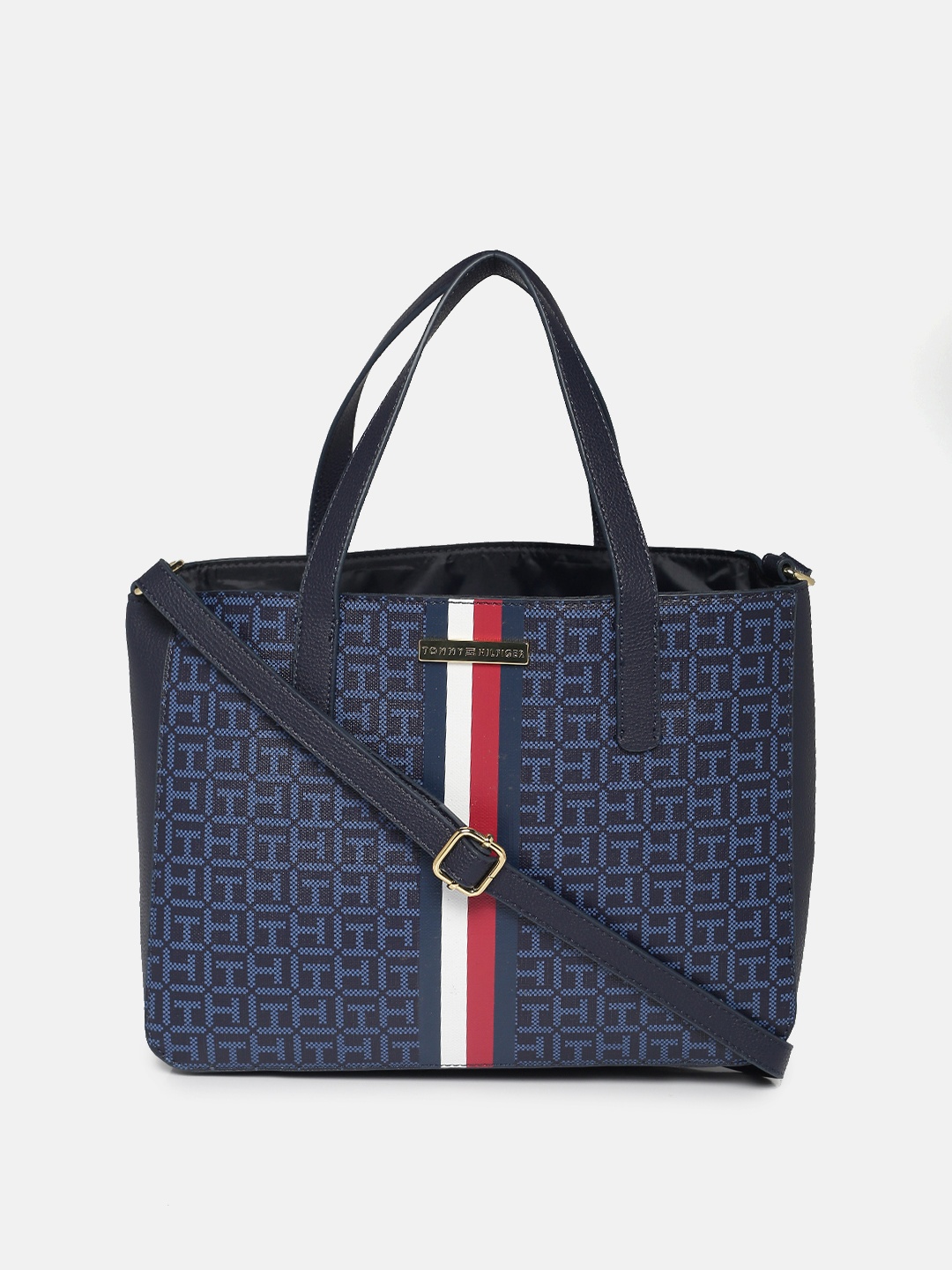 

Tommy Hilfiger Navy Blue Brand Logo Self Design PU Structured Handheld Bag