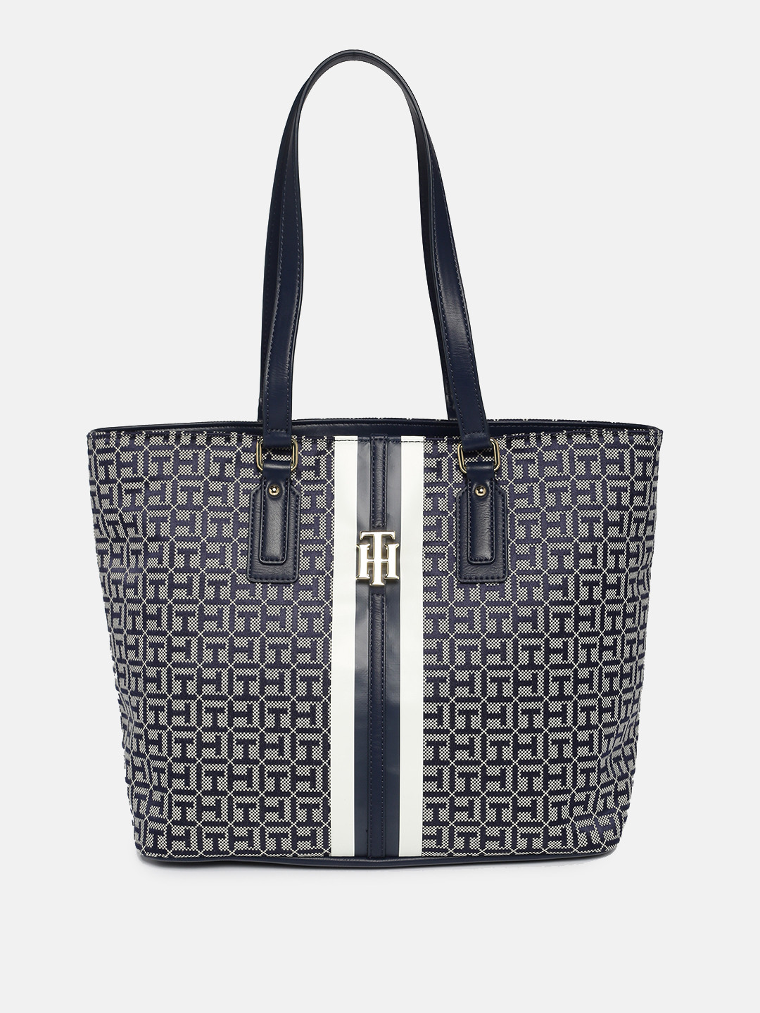 

Tommy Hilfiger Navy Blue Brand Logo Self Design PU Structured Shoulder Bag