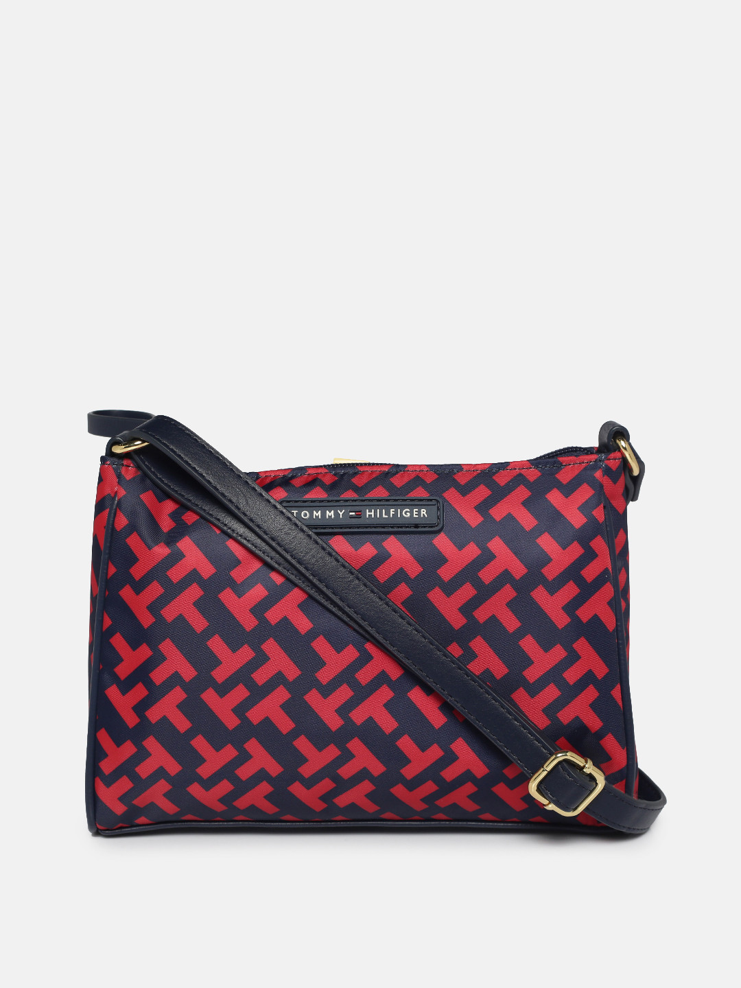 

Tommy Hilfiger Navy Blue & Red Brand Logo Printed Structured Sling Bag