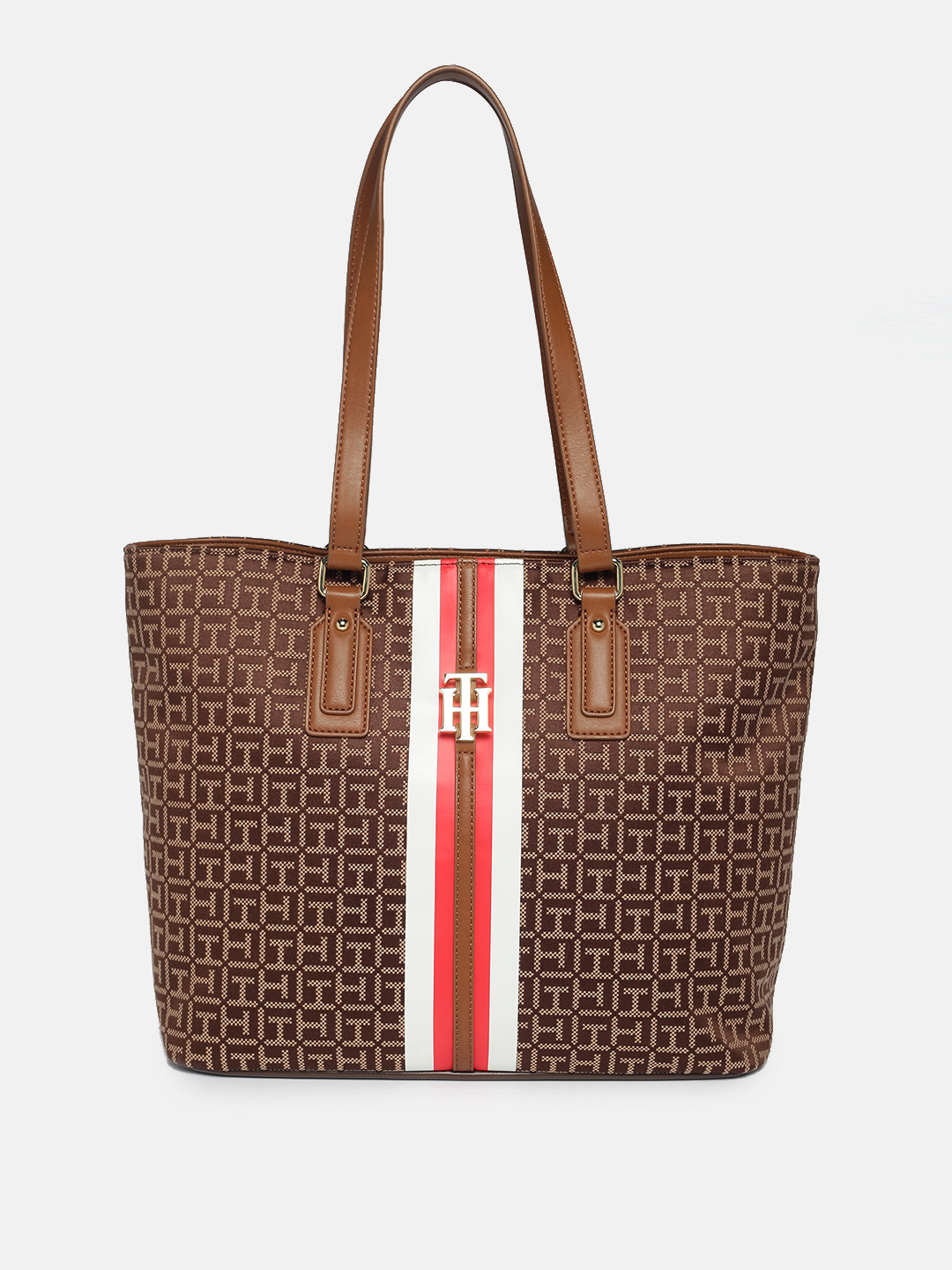

Tommy Hilfiger Brown Brand Logo Self Design PU Structured Shoulder Bag