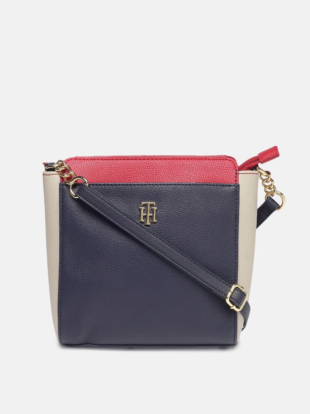 

Tommy Hilfiger Navy Blue and Red Colourblocked Structured Sling Bag
