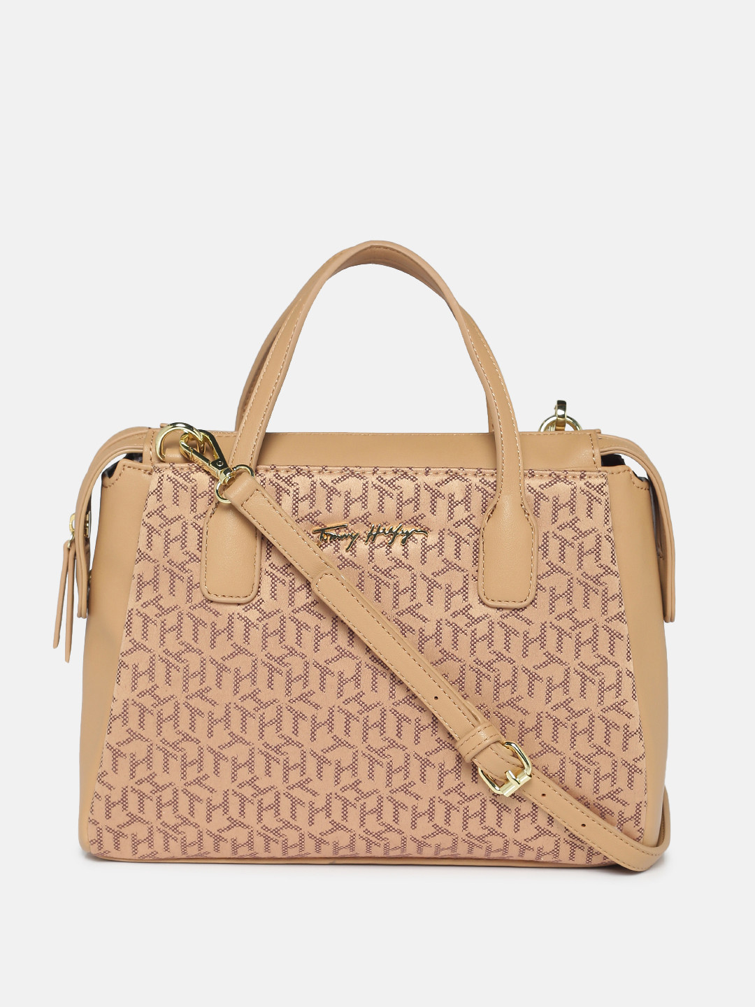 

Tommy Hilfiger Beige Brand Logo Self Design Handheld Bag