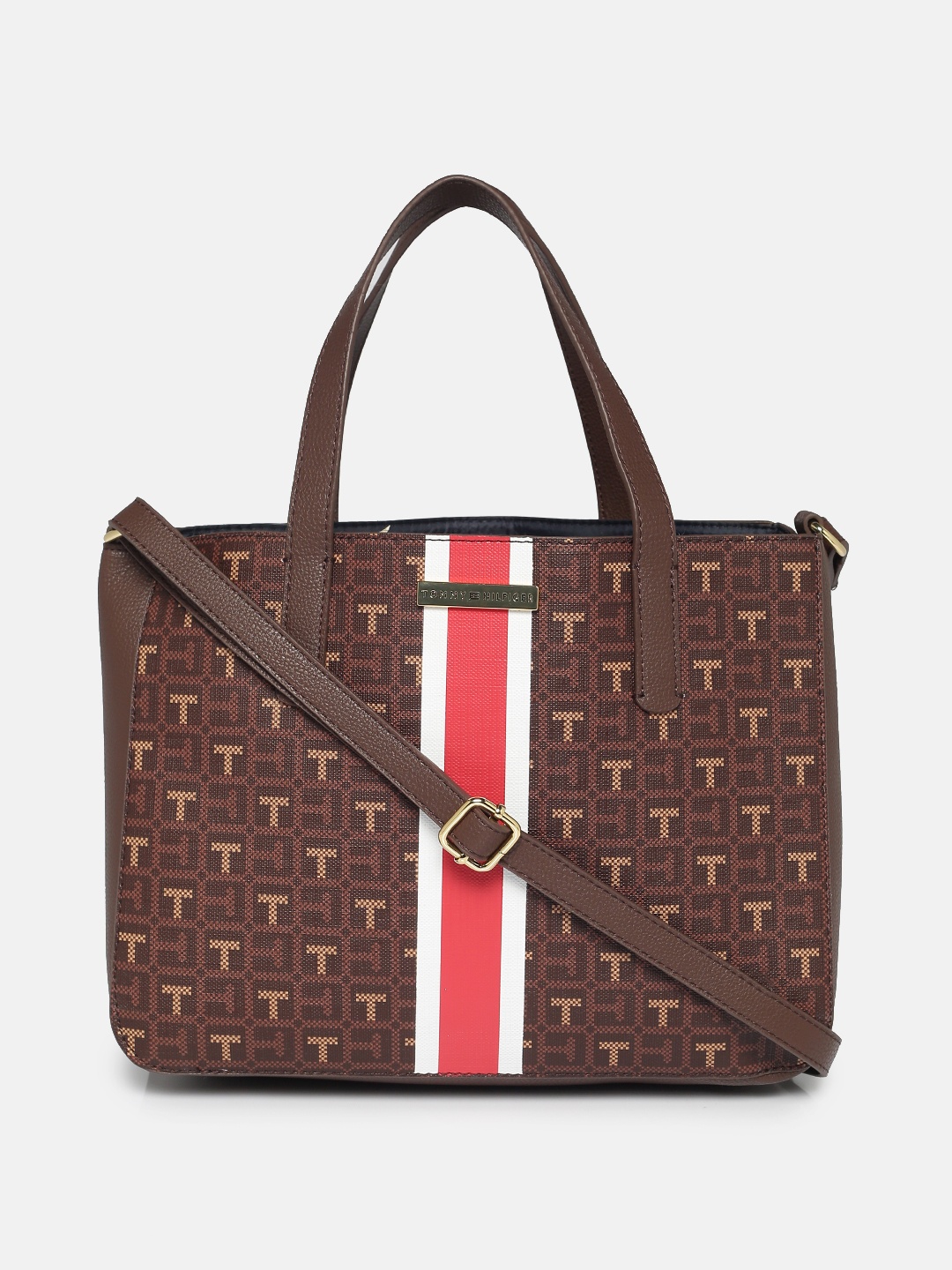 

Tommy Hilfiger Brown Brand Logo Self Design PU Structured Handheld Bag