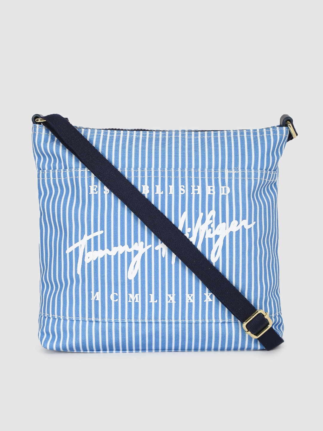 

Tommy Hilfiger Blue & White Striped Structured Crossbody Sling Bag