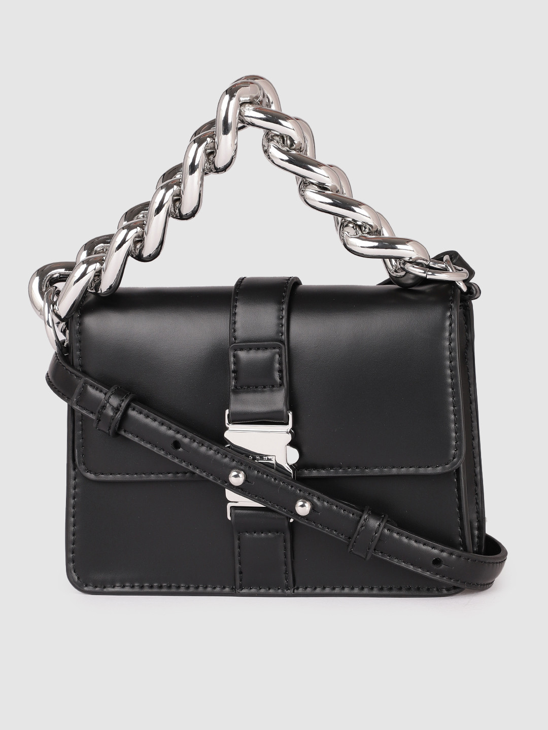 

Tommy Hilfiger Black Solid Item Chain Structured Handheld Bag