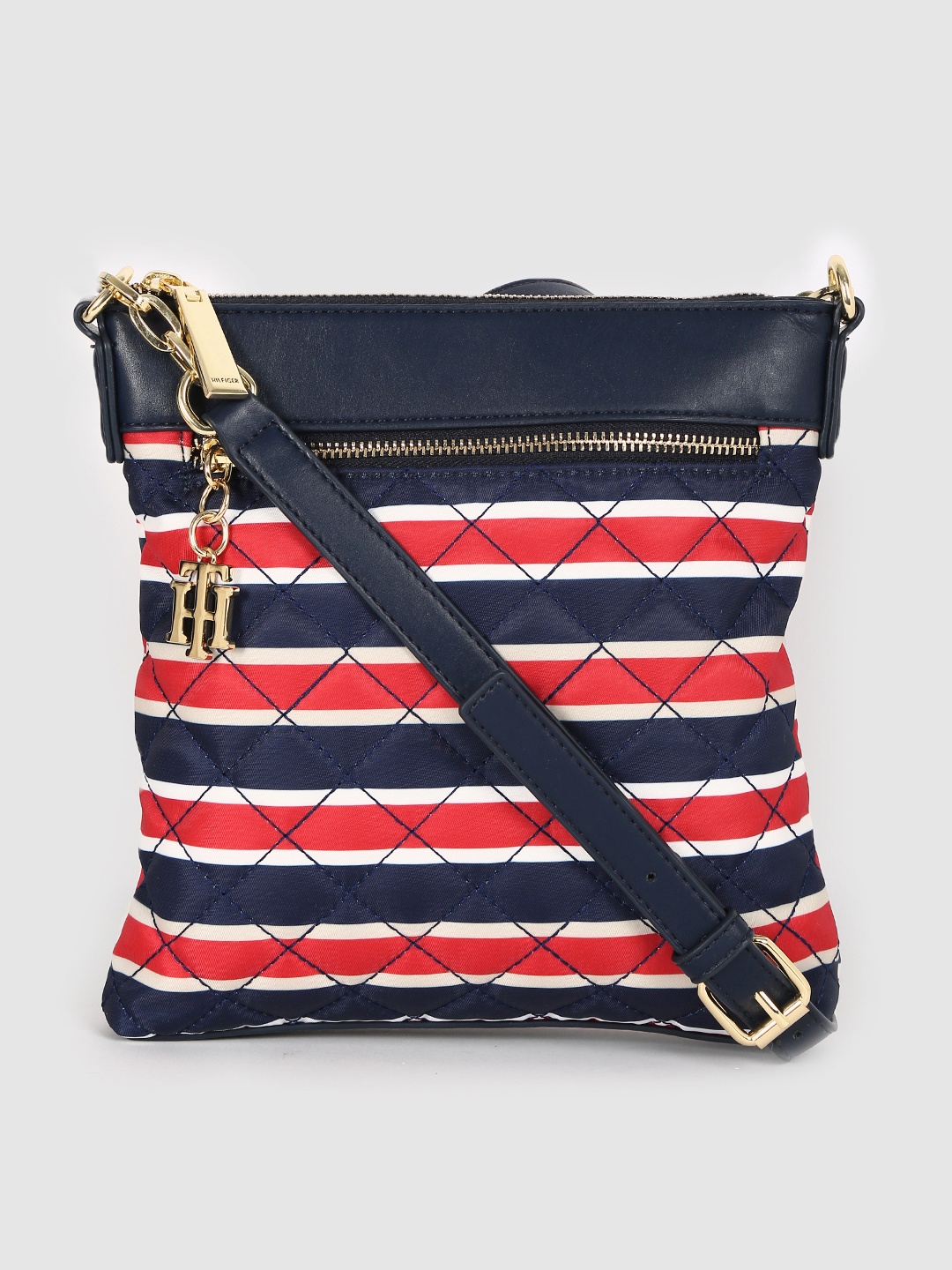 

Tommy Hilfiger Navy Blue & Red Striped Structured Crossbody Sling Bag