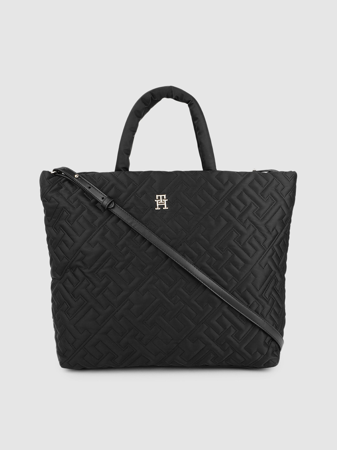 

Tommy Hilfiger Black Brand Logo Self Design Oversized Structured Handheld Bag with Quilted