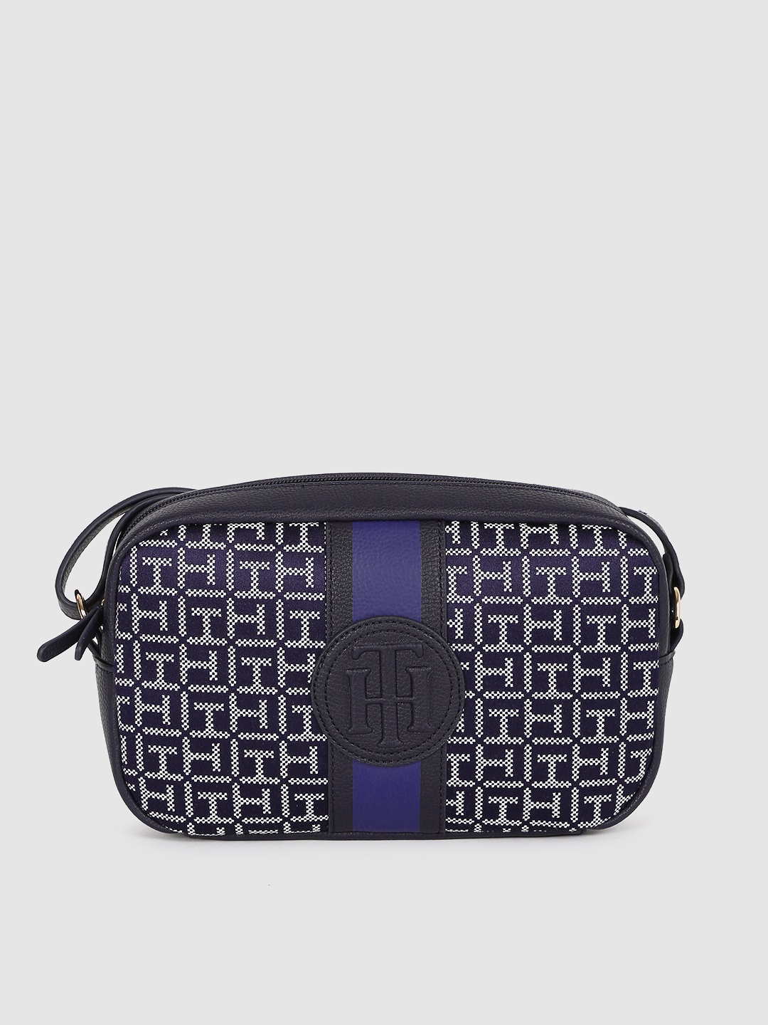 

Tommy Hilfiger Navy Blue Brand Logo Print Fabric Structured Sling Bag with Applique Detail