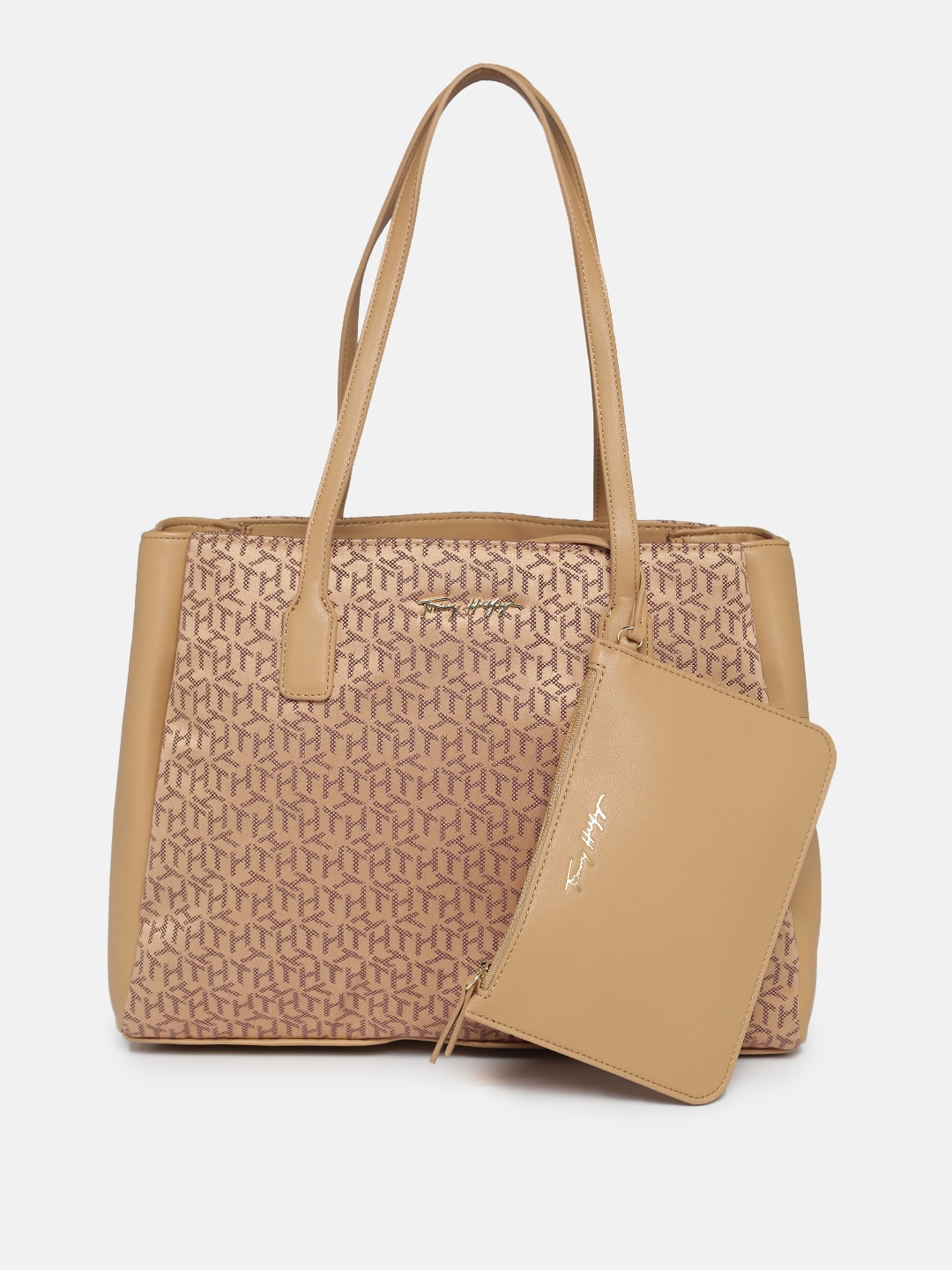 

Tommy Hilfiger Beige Self Design Structured Shoulder Bag with a Pouch