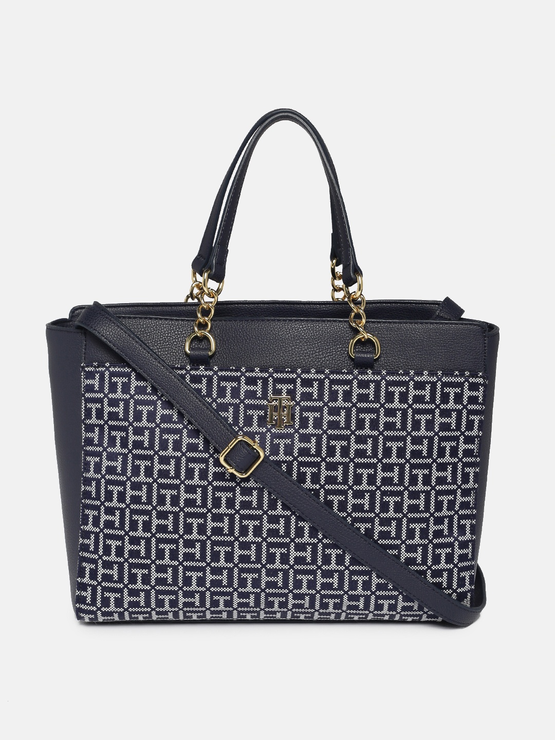 

Tommy Hilfiger Navy Blue Self Design Structured Handheld Bag
