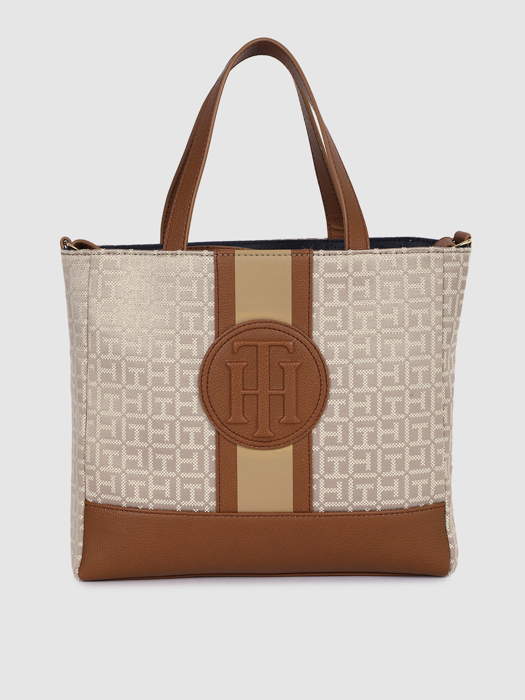 

Tommy Hilfiger Off White & Brown Self Design Handheld Bag