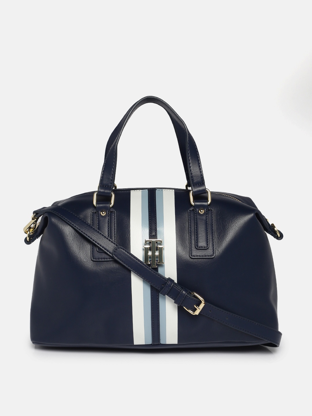 

Tommy Hilfiger Navy Blue Striped PU Structured Handheld Bag