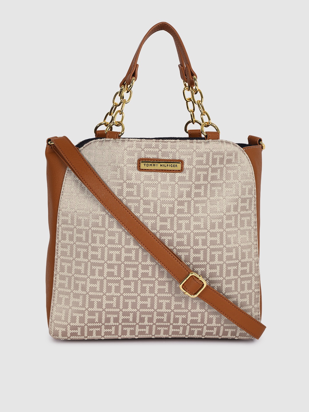 

Tommy Hilfiger Off White & Brown Self Design Handheld Bag