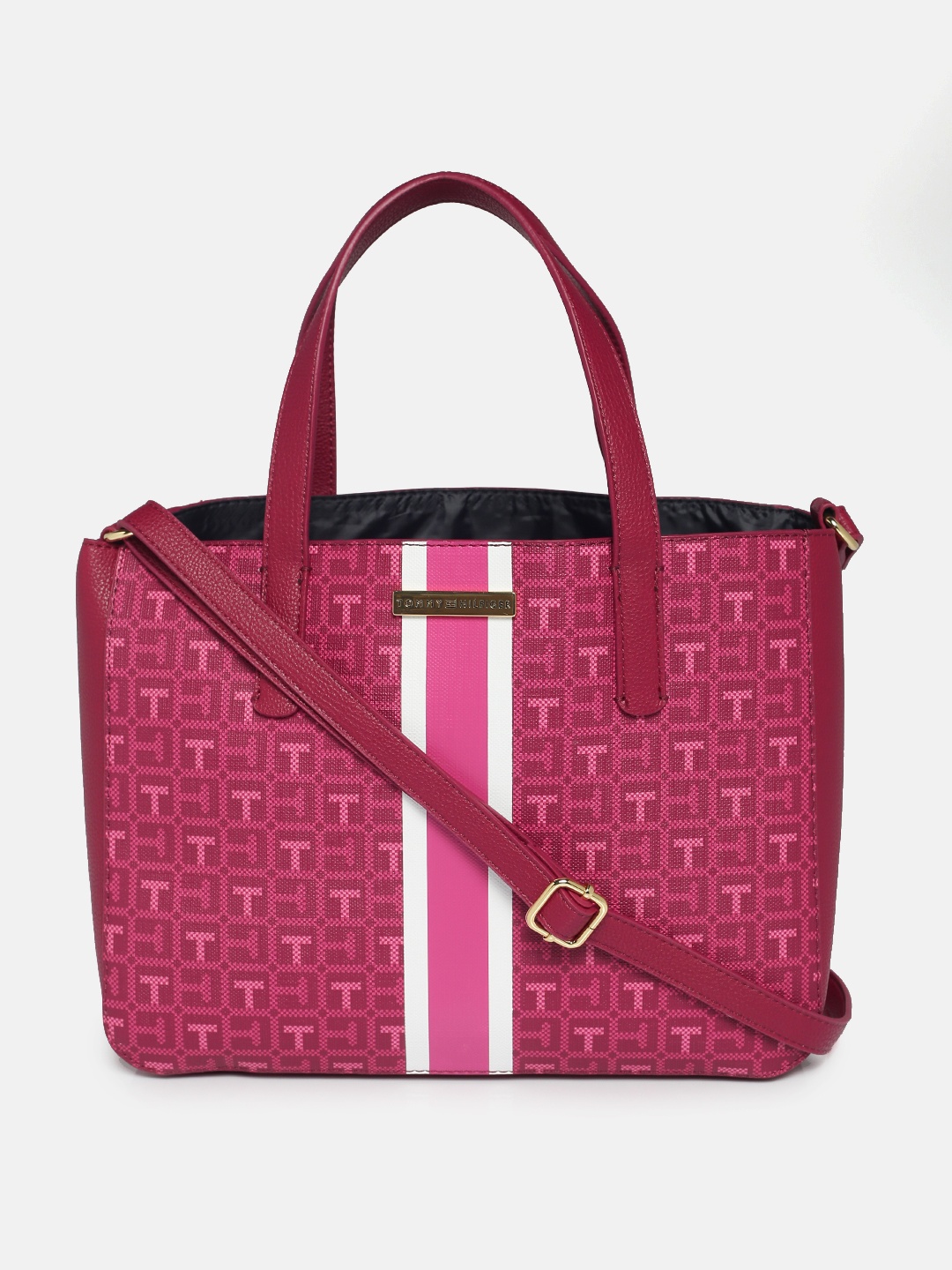 

Tommy Hilfiger Pink Brand Logo Self Design PU Structured Shoulder Bag
