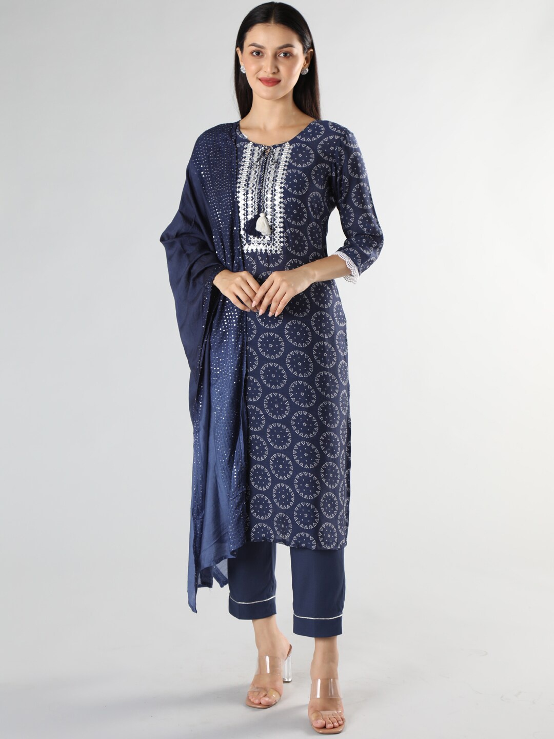 

taruni Women Blue Striped High Slit Kurti with Trousers