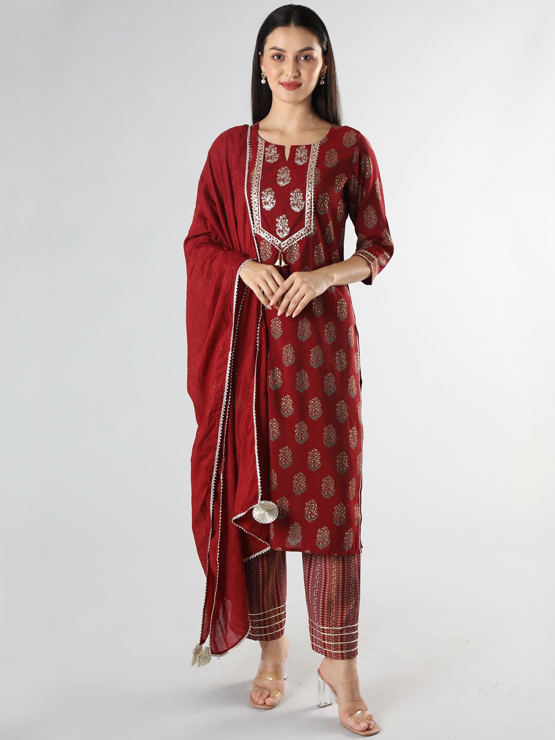 

taruni Women Maroon Ethnic Motifs Embroidered Kurta with Churidar & With Dupatta
