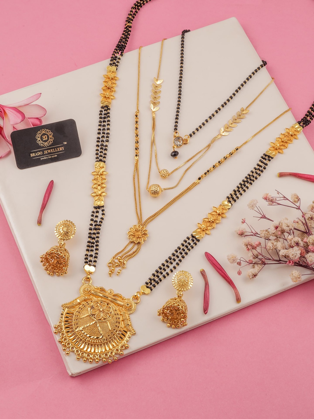 

Brado Jewellery Set Of 5 Gold-Plated Black Beaded Mangalsutra Jewellery Set