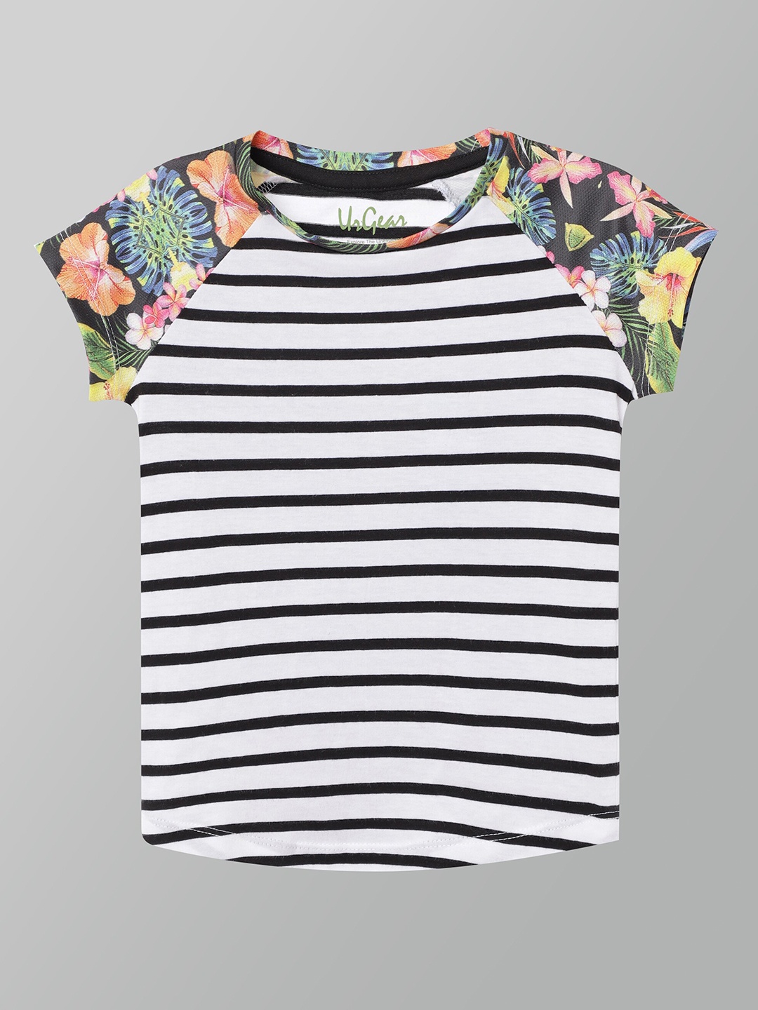 

UrGear Girls Multicoloured Floral Striped V-Neck Extended Sleeves Applique T-shirt, Multi