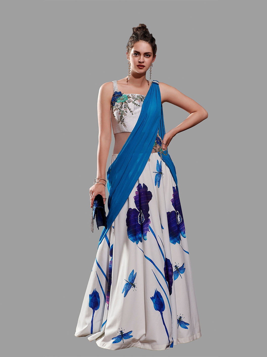 

SAPTRANGI Navy Blue Floral Scuba Ethnic Maxi Dress