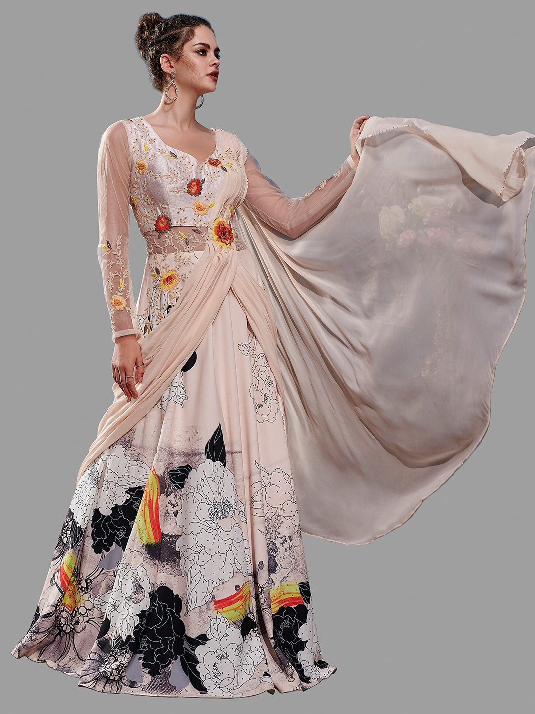 

SAPTRANGI Peach-Coloured Floral Scuba Ethnic Maxi Dress