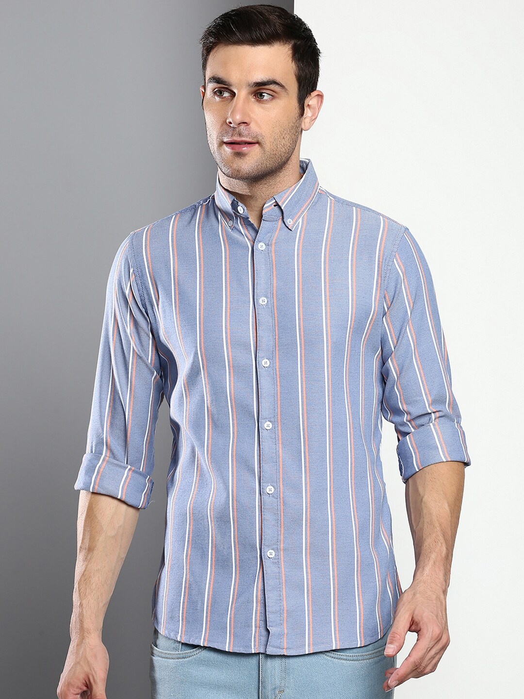 

Dennis Lingo Men Blue Slim Fit Striped Casual Shirt