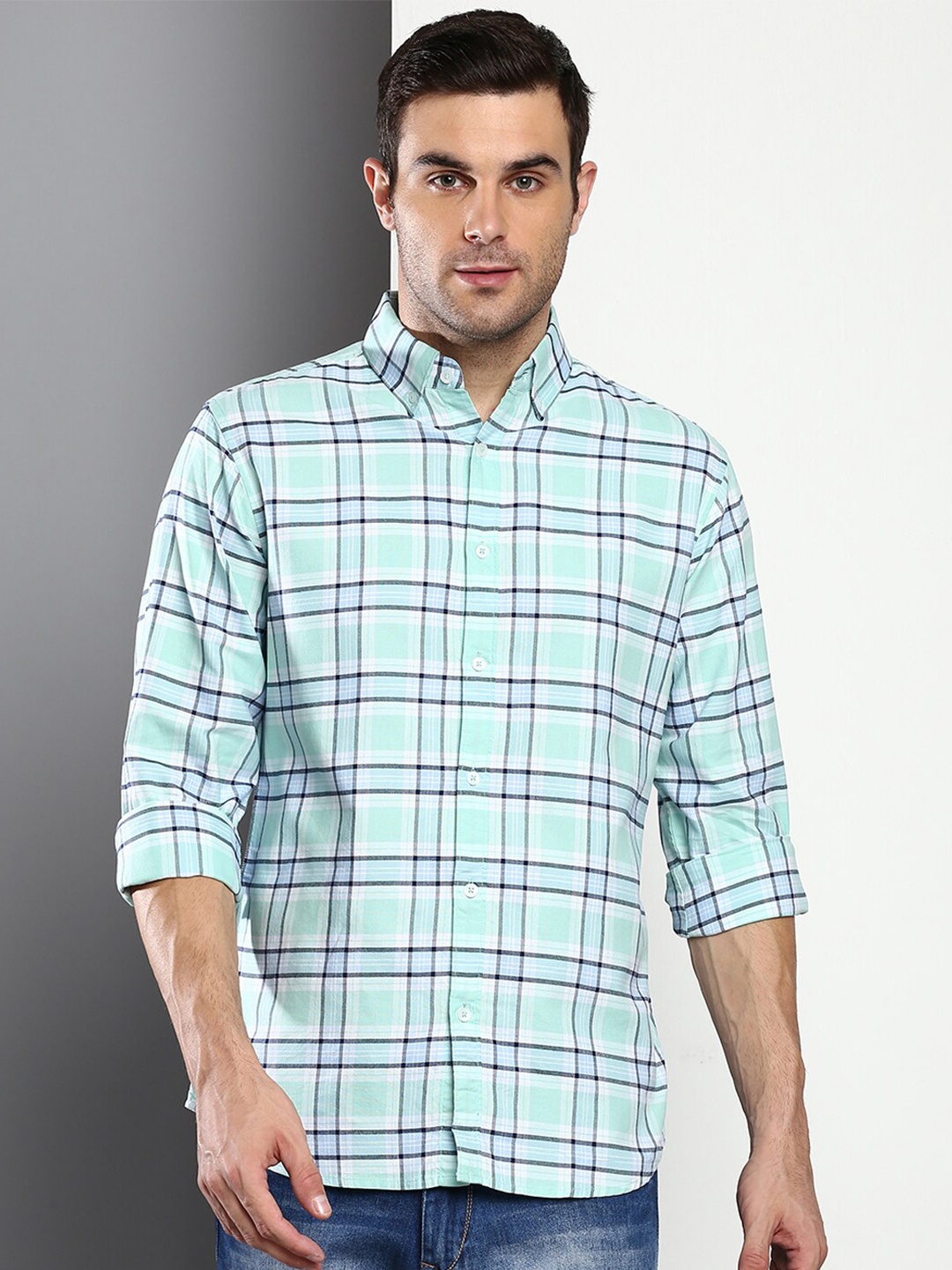 

Dennis Lingo Men Green Slim Fit Checked Casual Shirt