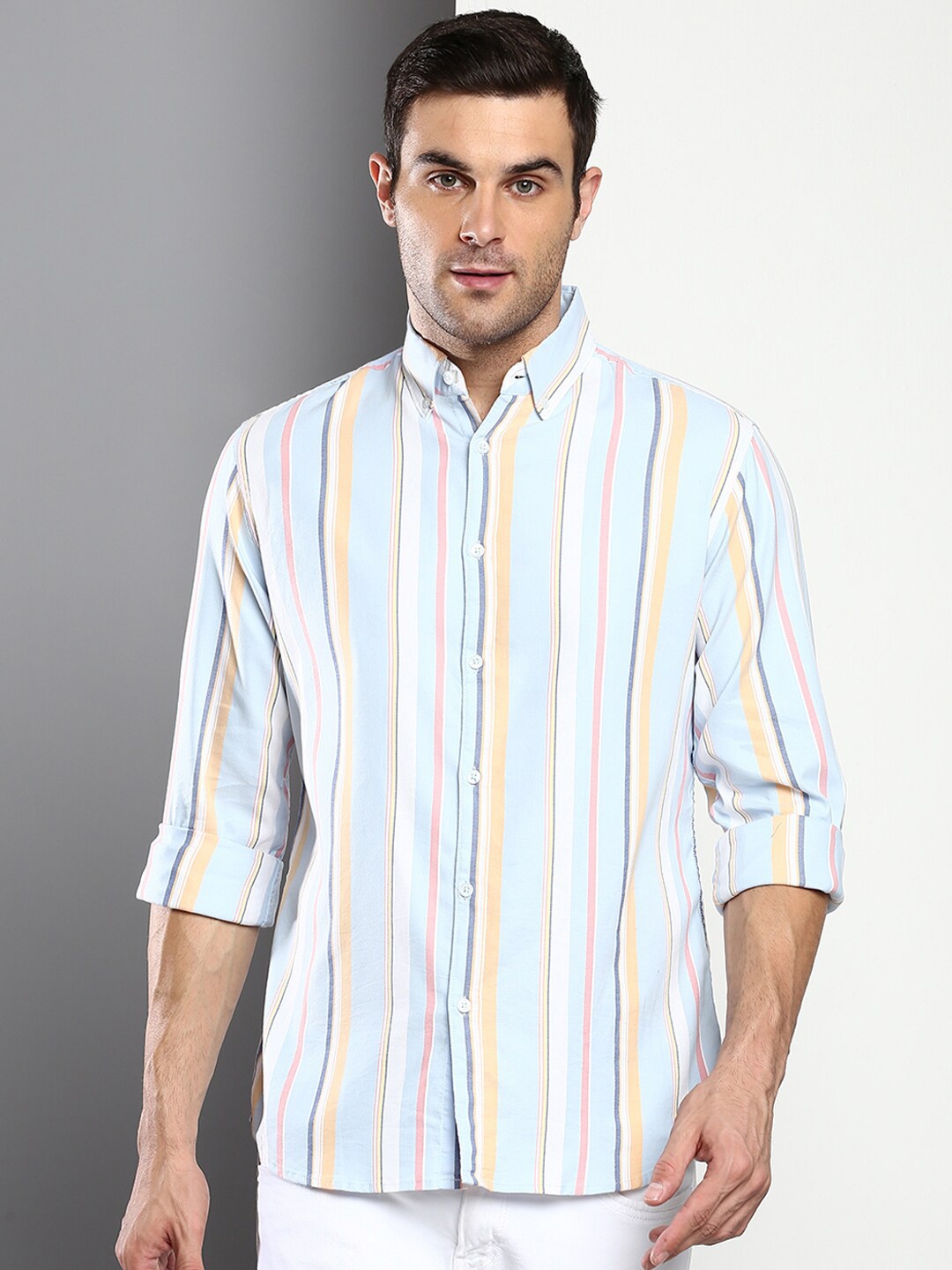

Dennis Lingo Men Blue Slim Fit Striped Casual Shirt