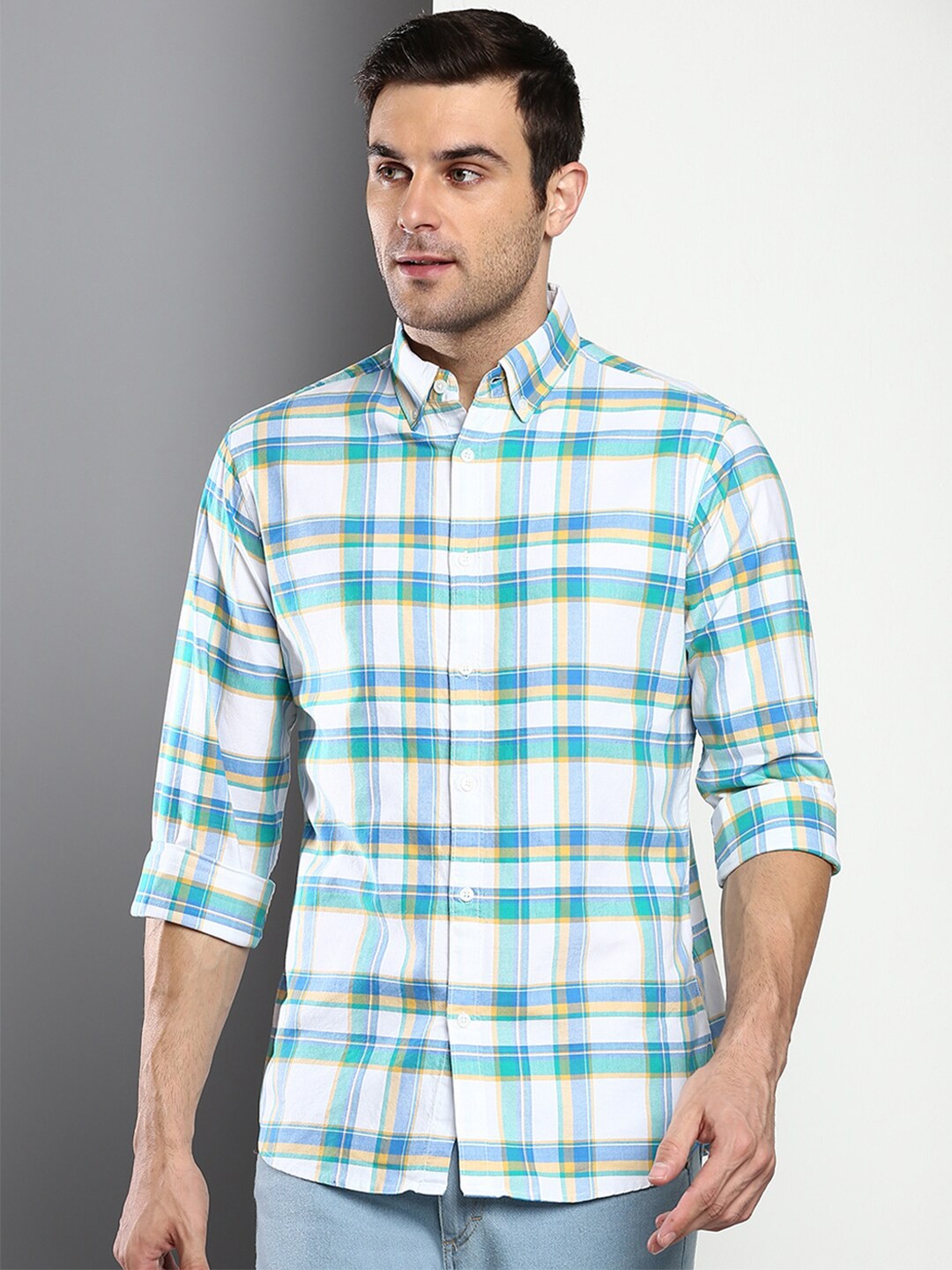 

Dennis Lingo Men Blue Slim Fit Tartan Checks Checked Casual Shirt