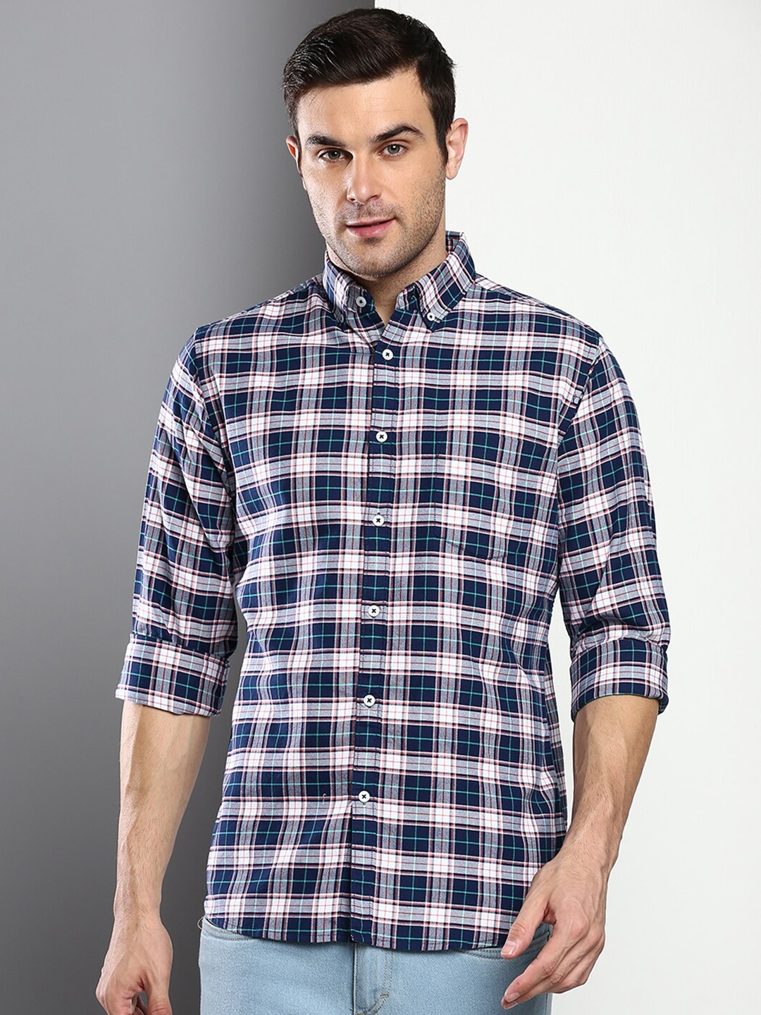 

Dennis Lingo Men Navy Blue Slim Fit Tartan Checks Checked Casual Shirt