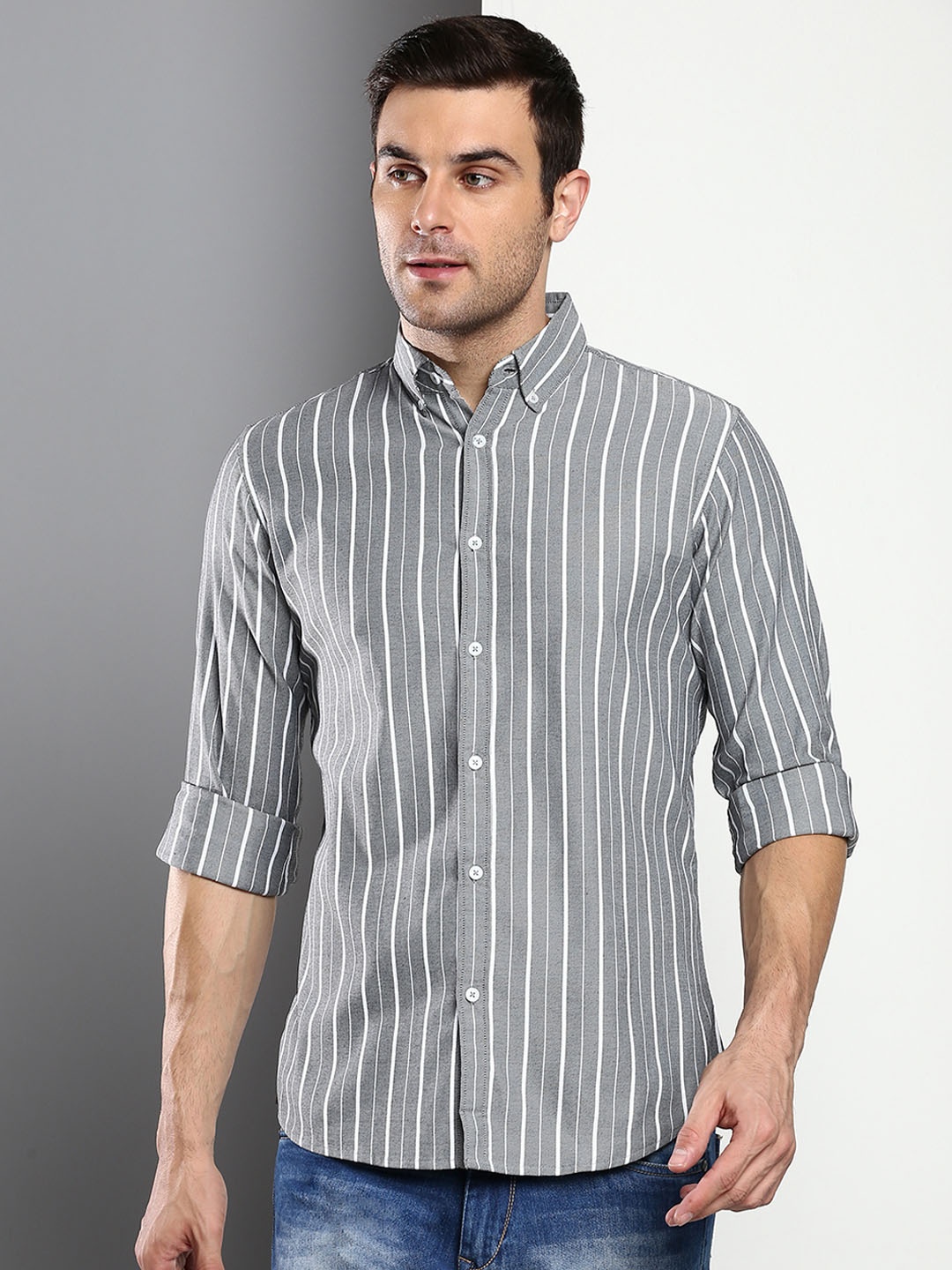 

Dennis Lingo Men Grey Striped Slim Fit Cotton Casual Shirt